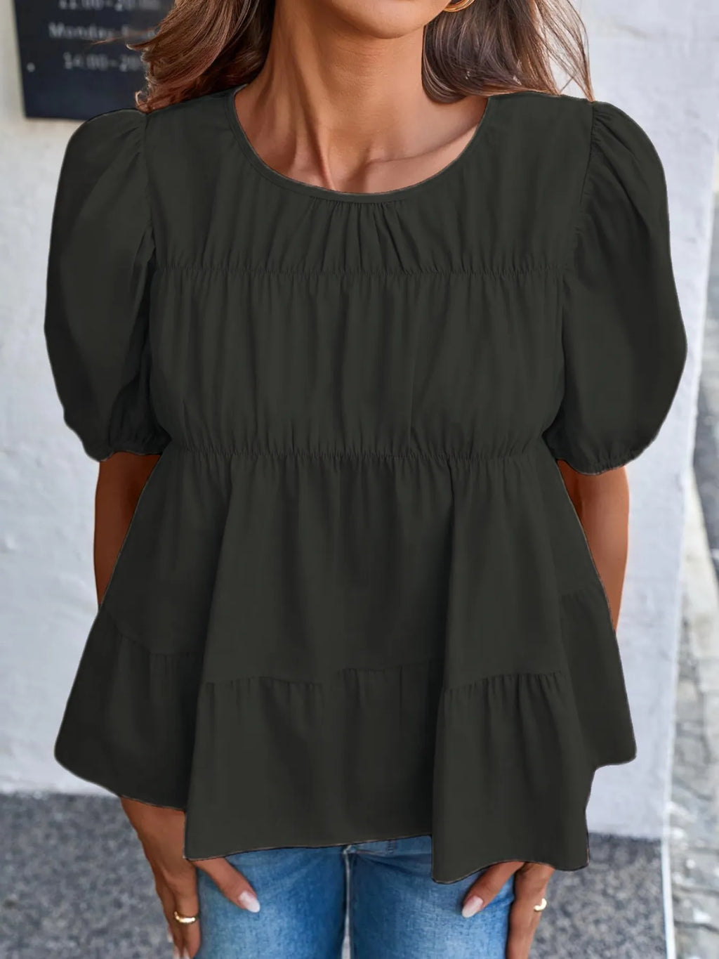 Tiered Round Neck Puff Sleeve Ruched Blouse (14)