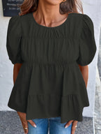 Tiered Round Neck Puff Sleeve Ruched Blouse (14)