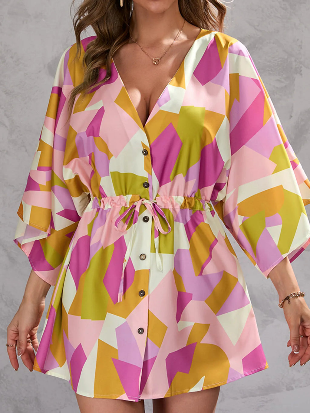 Block Drawstring Waist Button Up Dress (3)