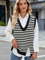 Slit V-neck Striped Sweater Vest (10)