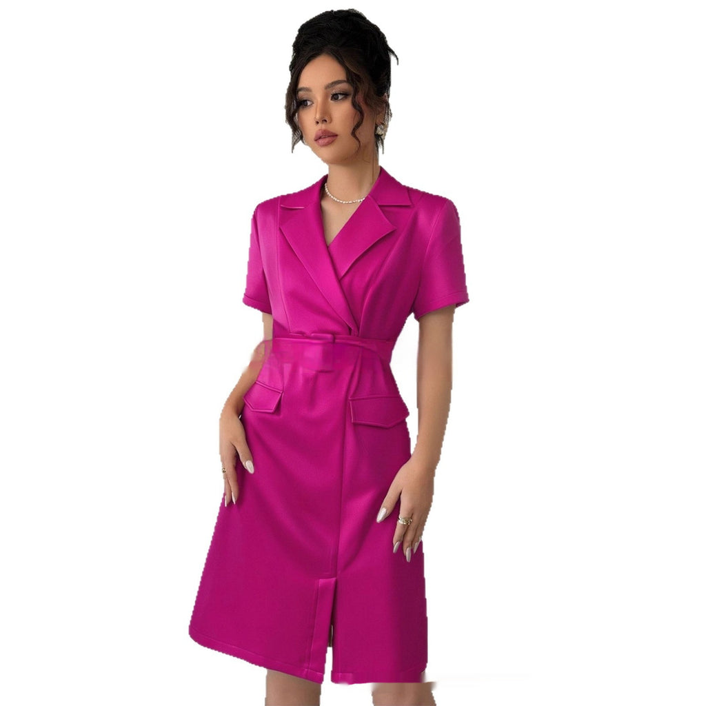 Summer Solid Color Elegant Short Sleeve Shirt Dress photo 1
