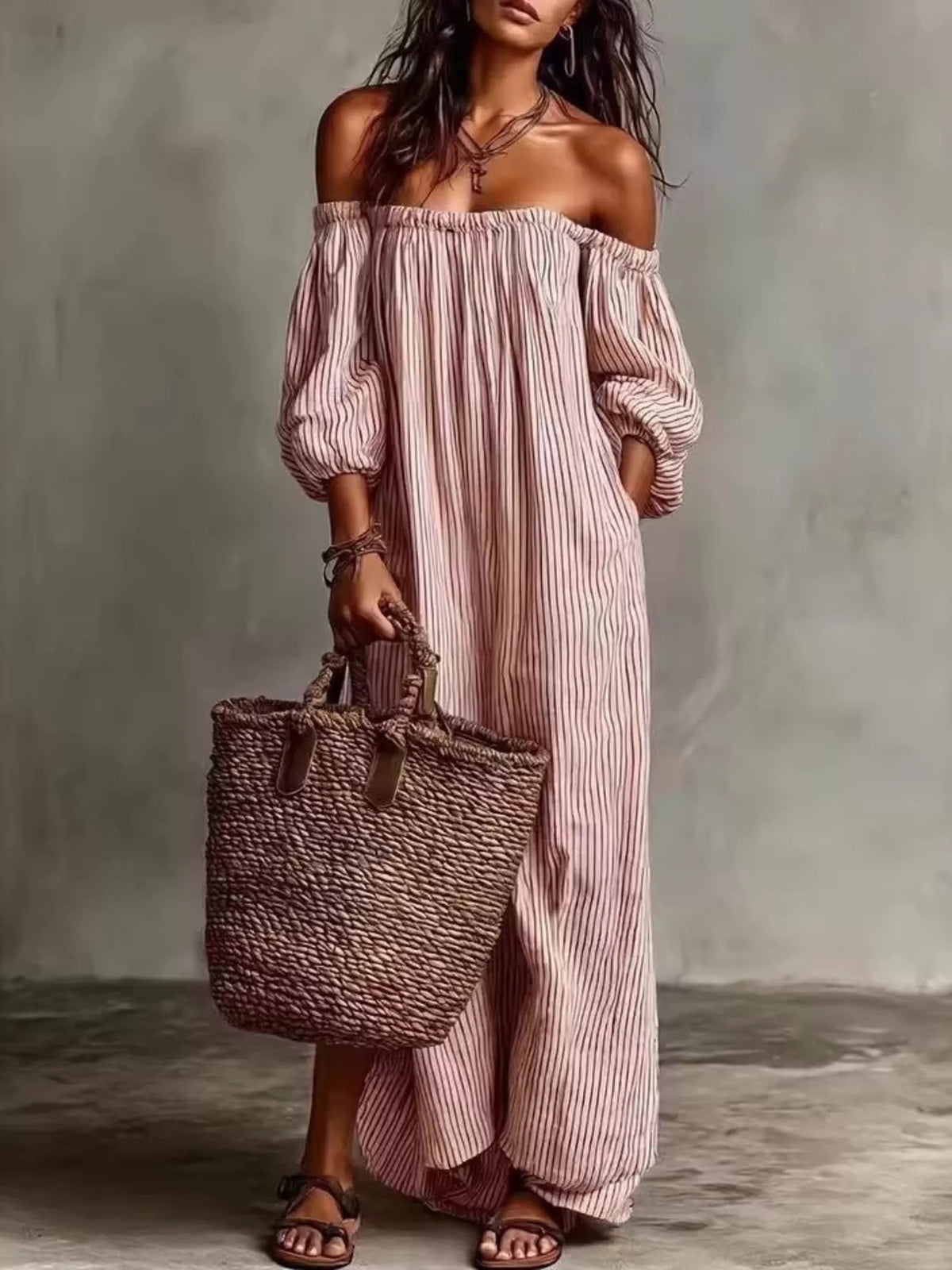 Full Size Off-shoulder Striped Maxi Dress Puff Sleeves Plus (4)