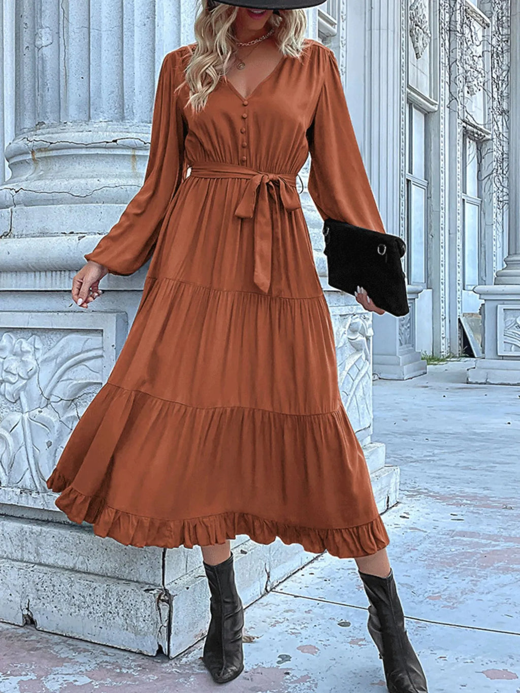 Ruffled Hem V-neck Balloon Sleeve Dress (21)