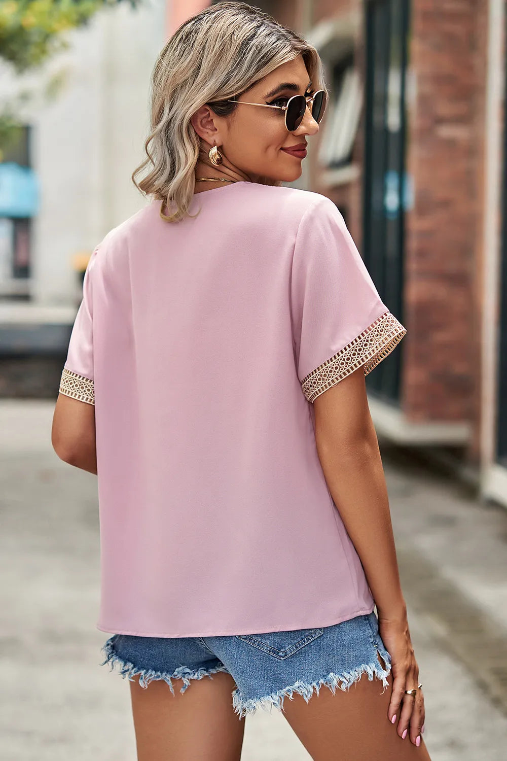 Openwork V-neck Short Sleeve T-shirt (12)