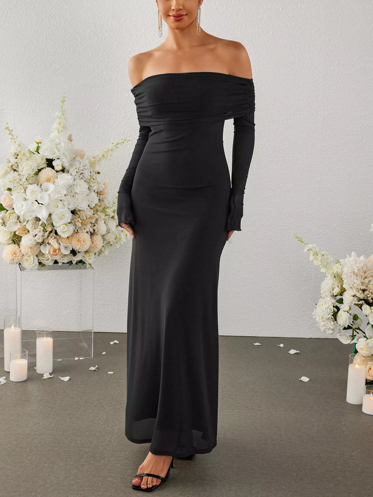Off-shoulder Ruched Long Sleeve Maxi Dress (17)