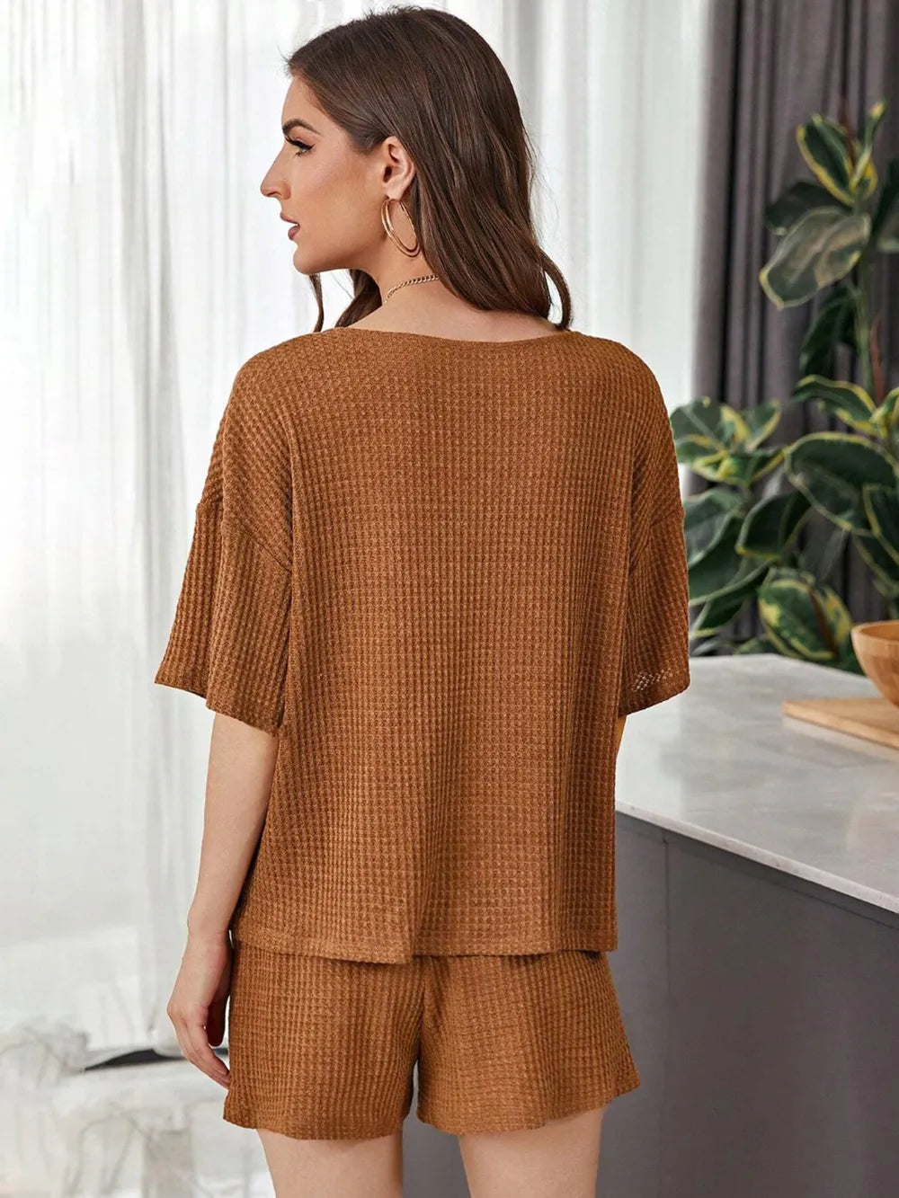 Full Size Waffle-knit Dropped Shoulder Top Shorts Set (19)
