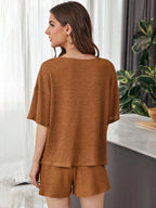 Full Size Waffle-knit Dropped Shoulder Top Shorts Set (19)