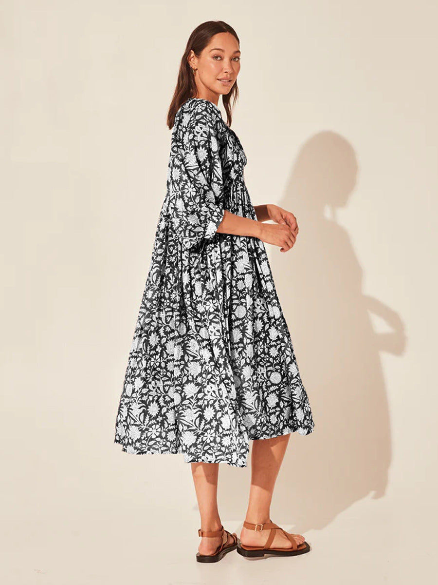 Floral Tie Neck Lantern Sleeve Dress (8)