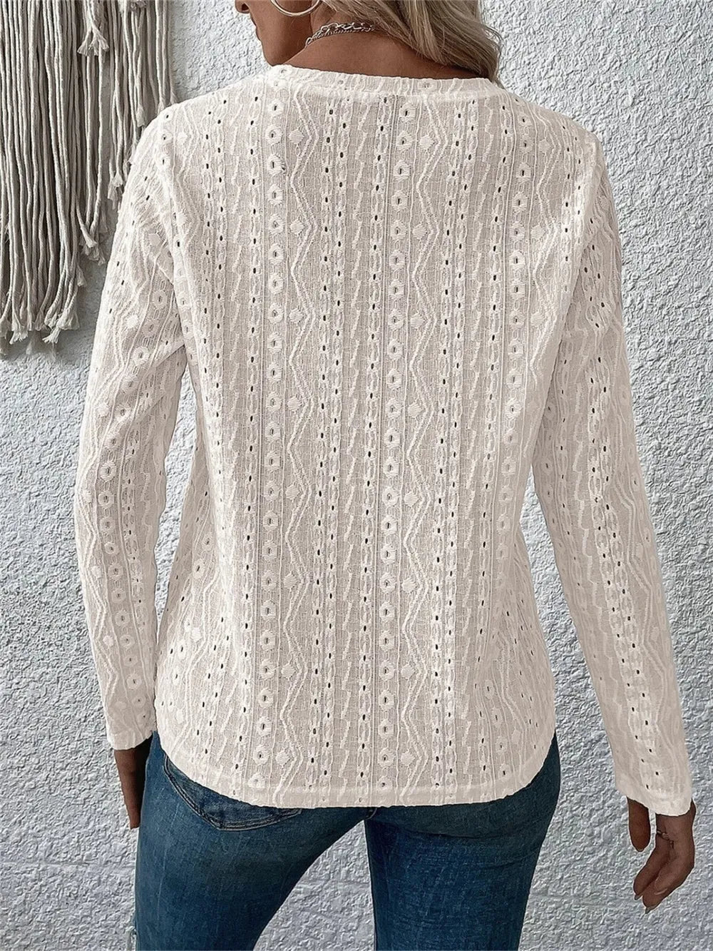 Eyelet Round Neck Long Sleeve Blouse (9)