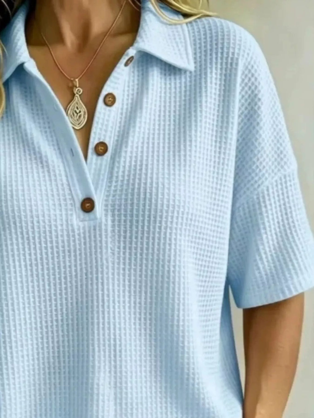 Full Size Waffle Knit Polo Top Button Detail Plus (4)
