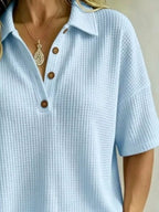 Full Size Waffle Knit Polo Top Button Detail Plus (4)