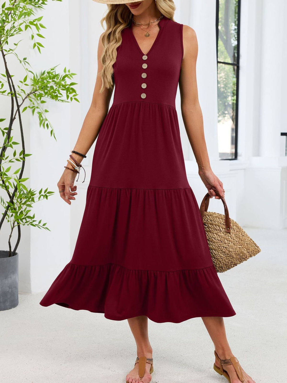 Sleeveless Notched Tiered Midi Dress (14)