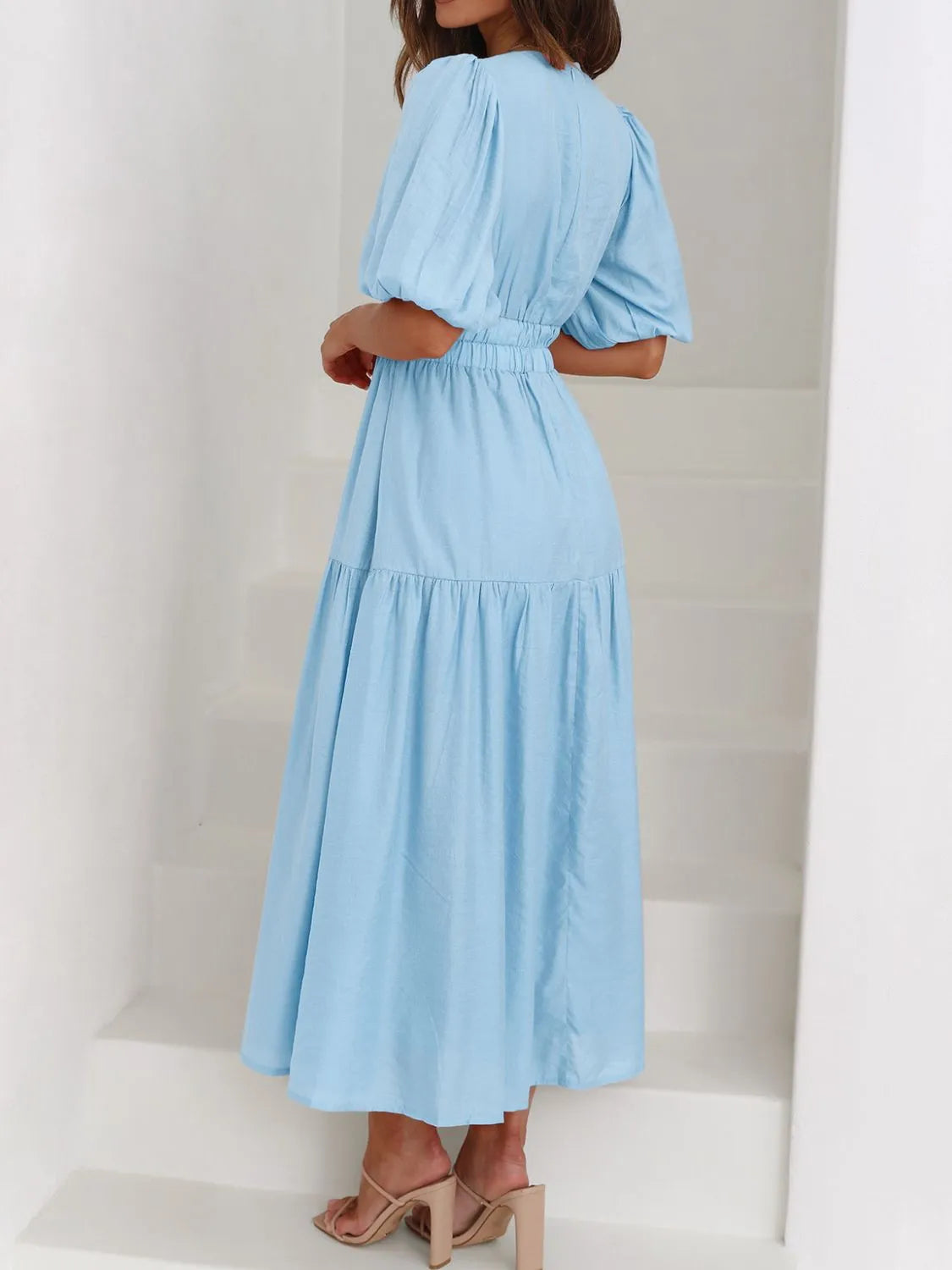 V-neck Puff Sleeve Midi Dress (3)