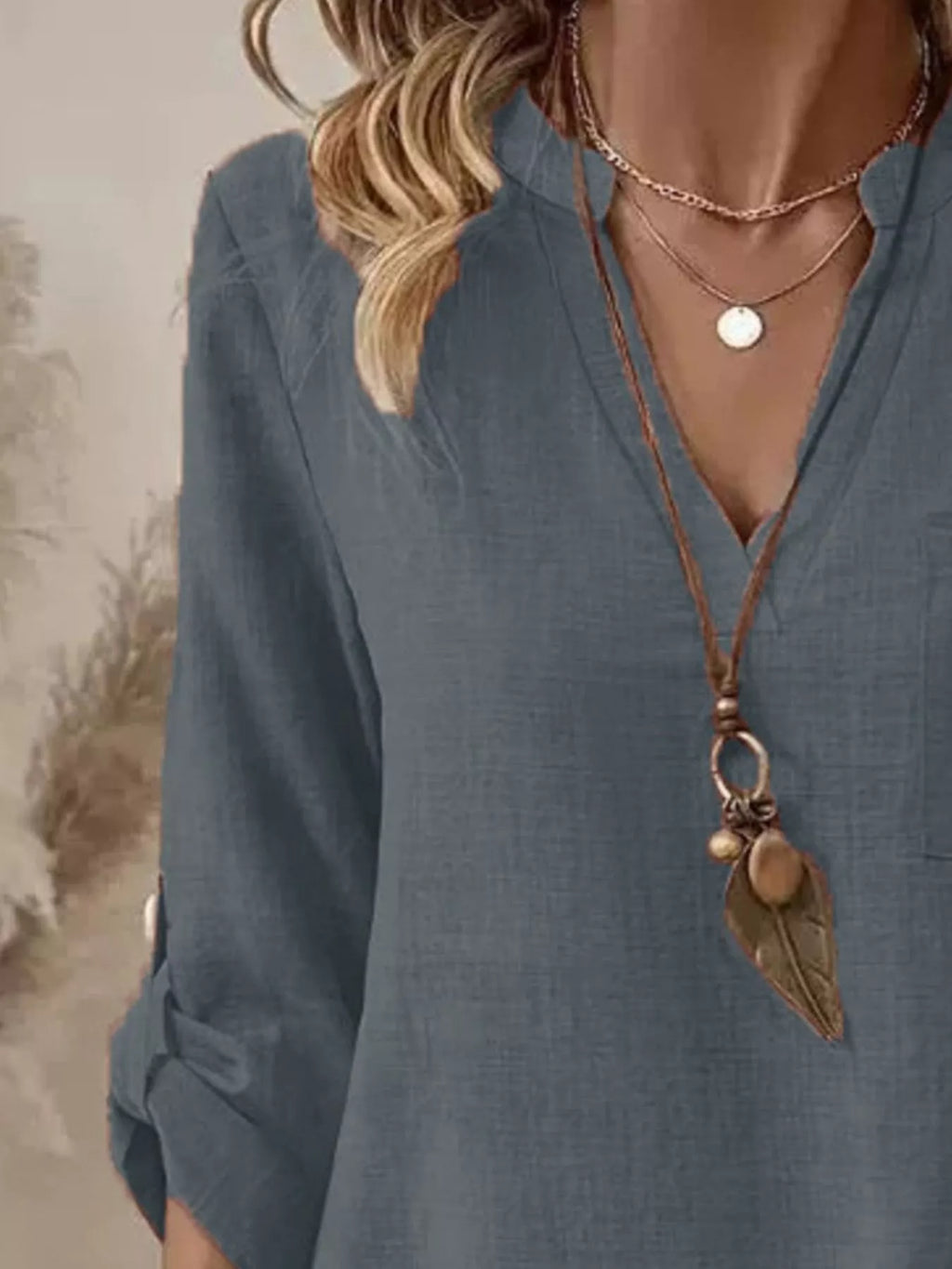 Casual V-neck Roll-sleeve T-shirt Pocket (8)