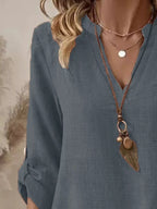 Casual V-neck Roll-sleeve T-shirt Pocket (8)