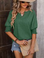 Heathered Notched Lantern Sleeve Blouse (10)
