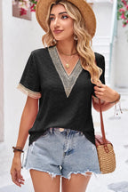 Eyelet V-neck Short Sleeve T-shirt (10)
