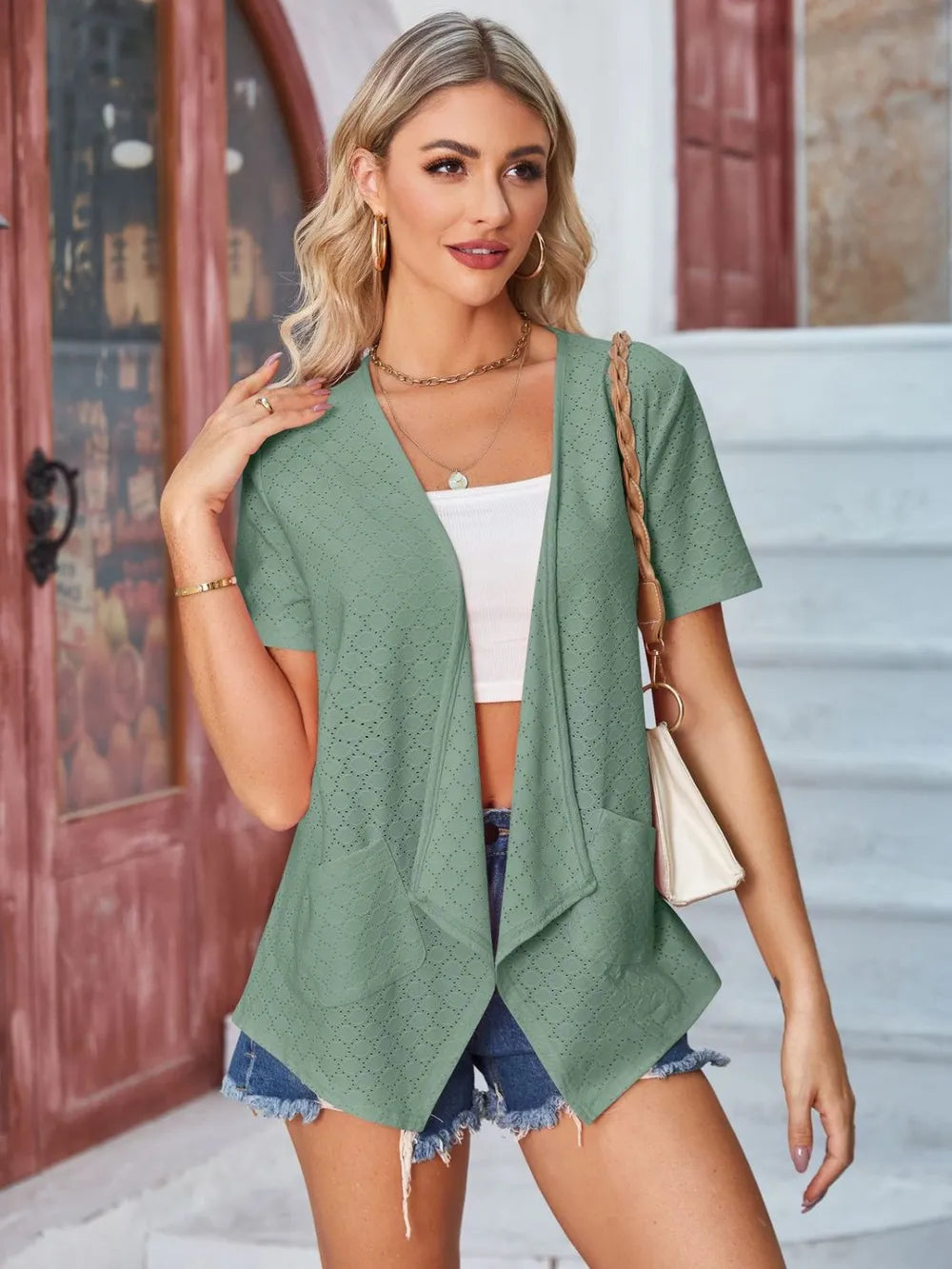 Eyelet Open Front Short Sleeve Cover Up (24)