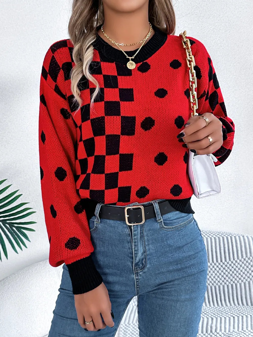 Plaid Round Neck Long Sleeve Sweater (10)