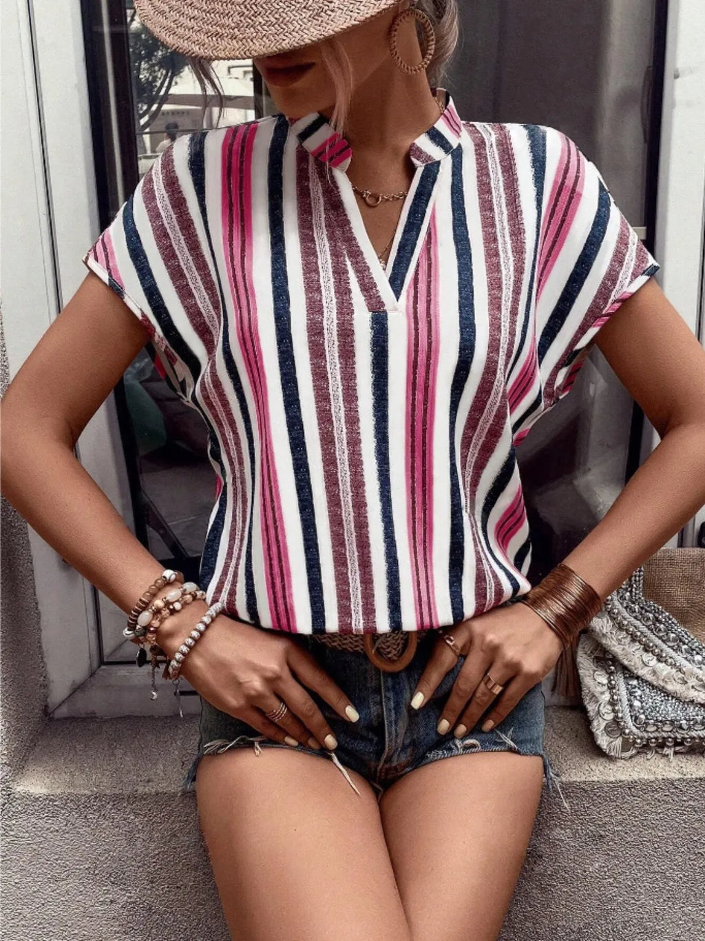 Striped Notched Short Sleeve Shirt (11)