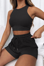 Round Neck Top Drawstring Shorts Set