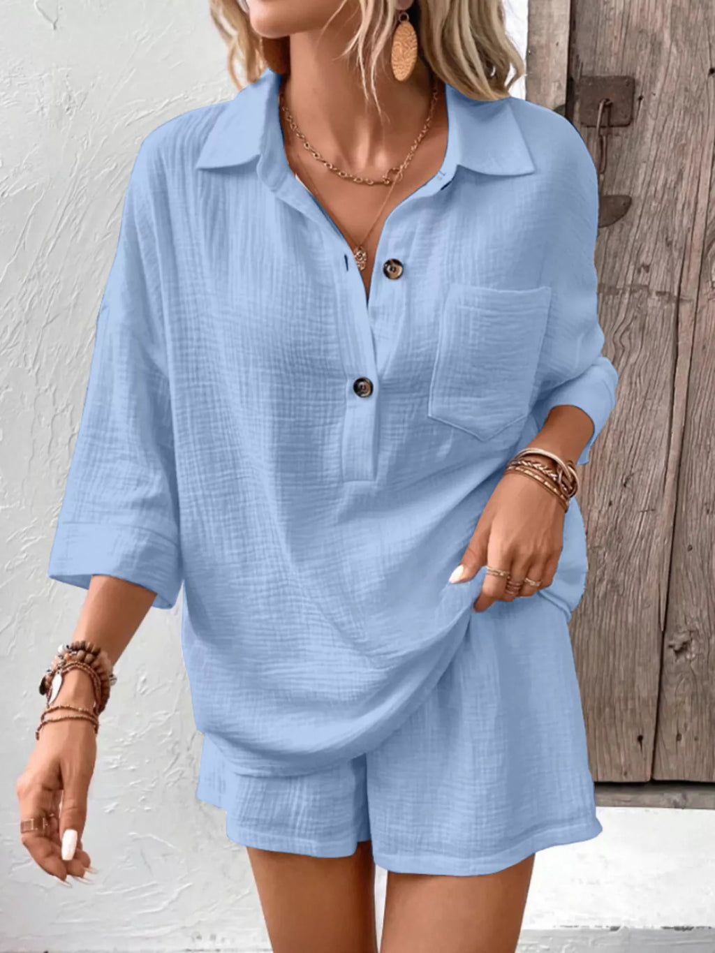 Button Detail Top Shorts Set (23)