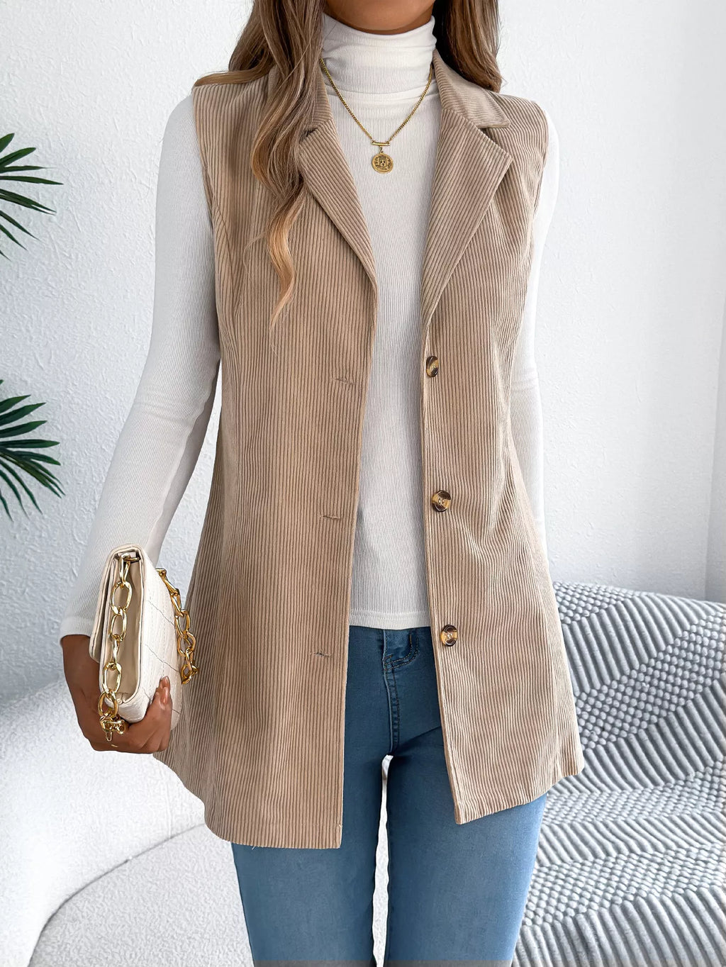 Button-front Longline Vest Coat