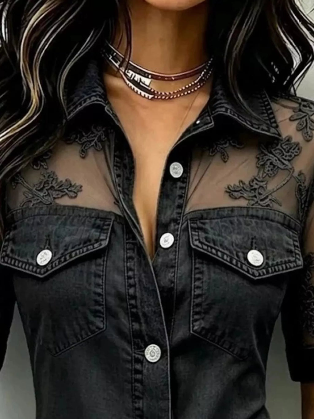 Full Size Denim Look Lace Short Sleeve Shirt Plus (6)