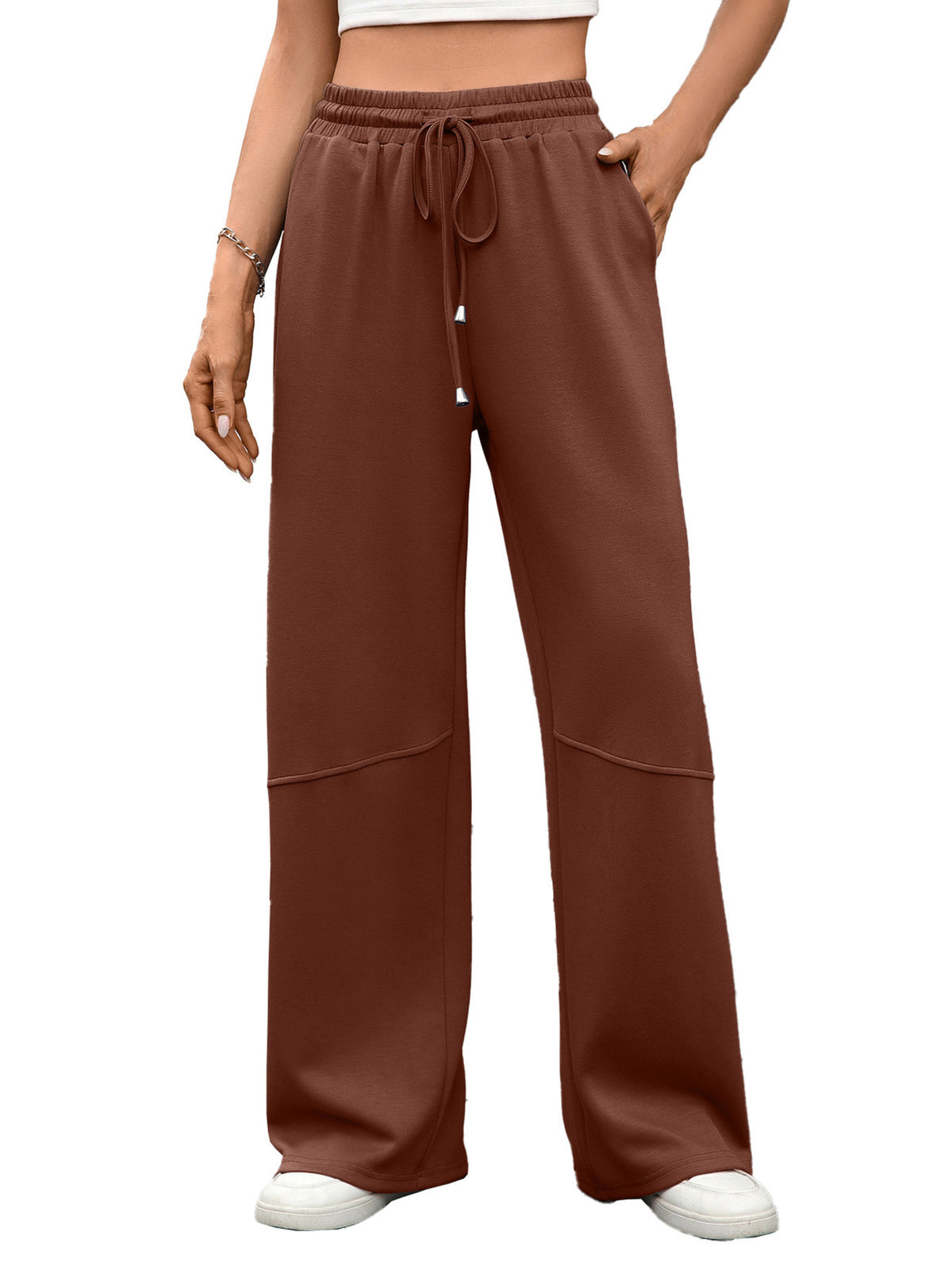 Drawstring High Waist Wide Leg Casual Pants (26)