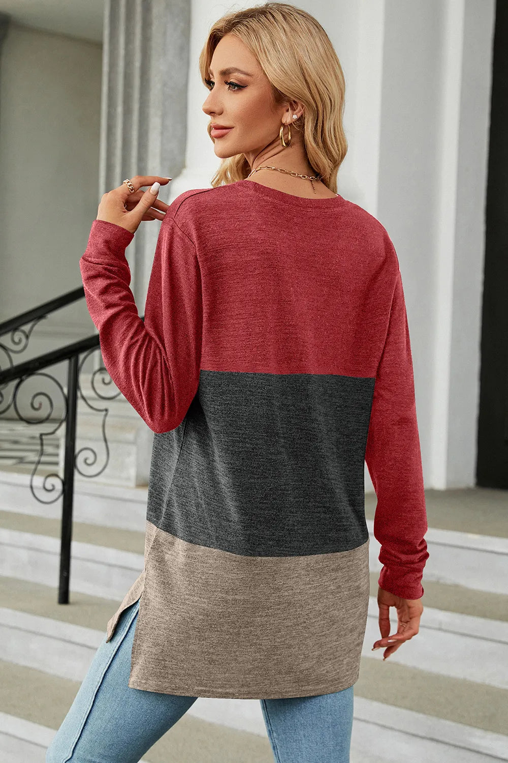 Block Round Neck Long Sleeve T-shirt (2)