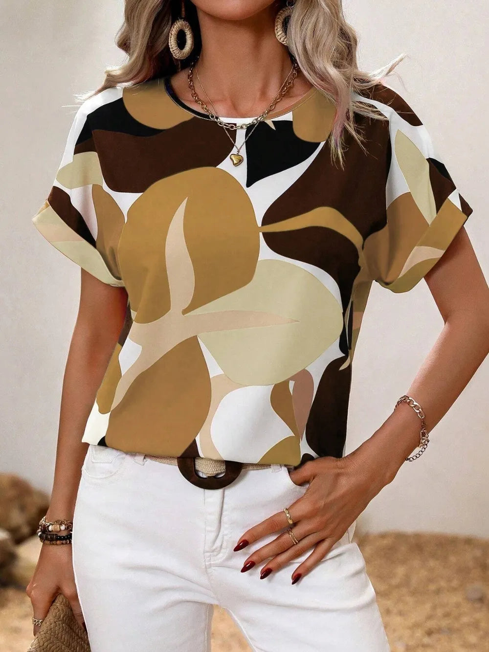 Contrast Round Neck Short Sleeve Blouse (7)