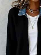 Contrast Denim Collar Ribbed Knit Jacket (4)