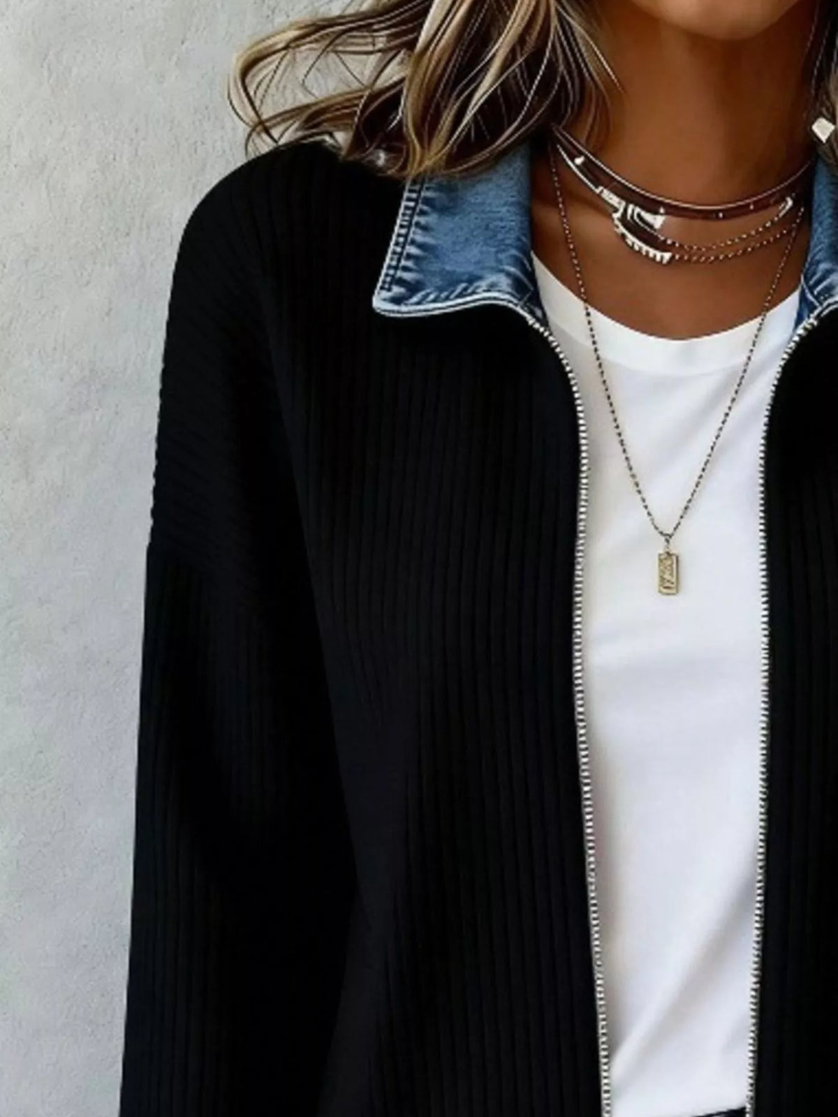 Contrast Denim Collar Ribbed Knit Jacket (4)