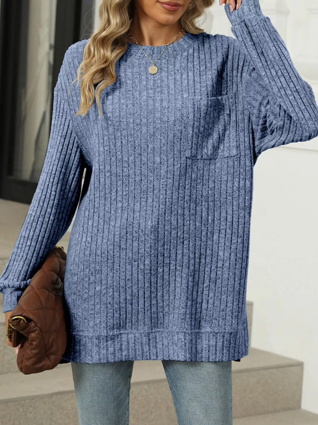 Ribbed Knit Round Neck Sweater (8)