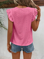Eyelet Round Neck Cap Sleeve Top (5)