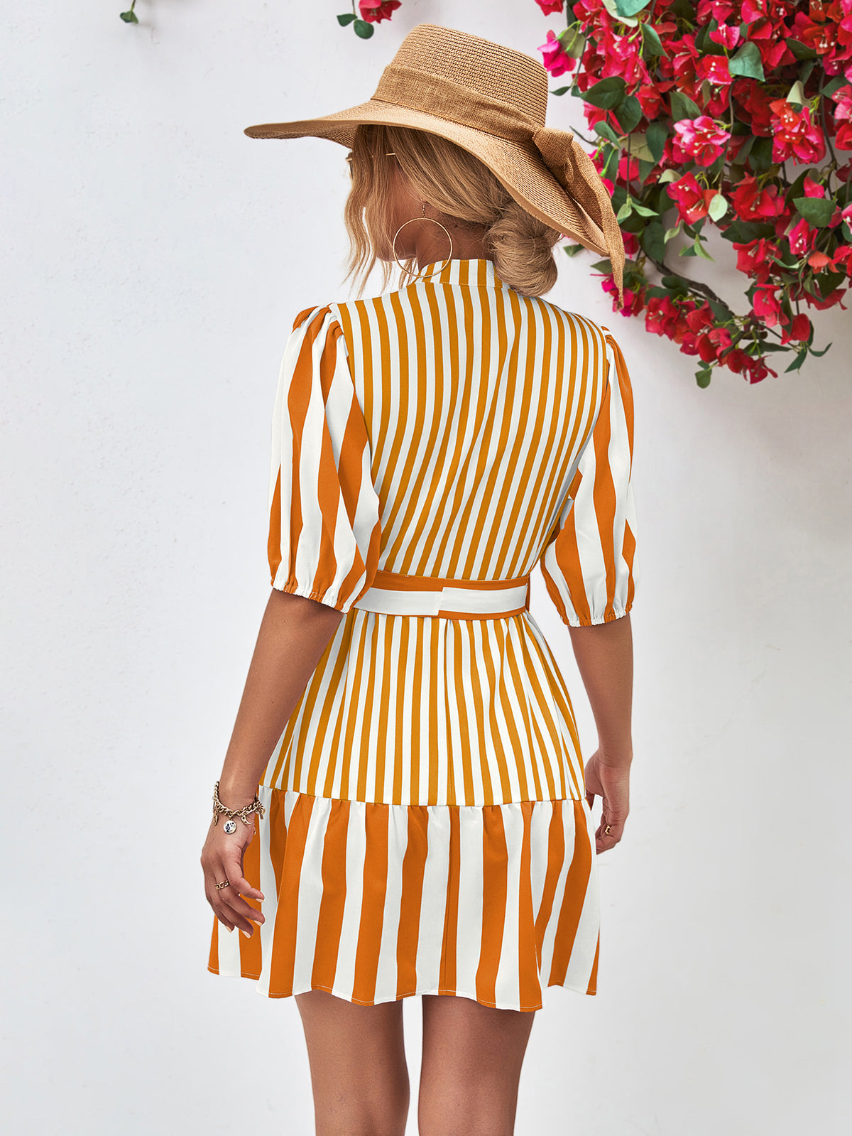 Striped Half Sleeve Tie Waist Mini Dress (9)
