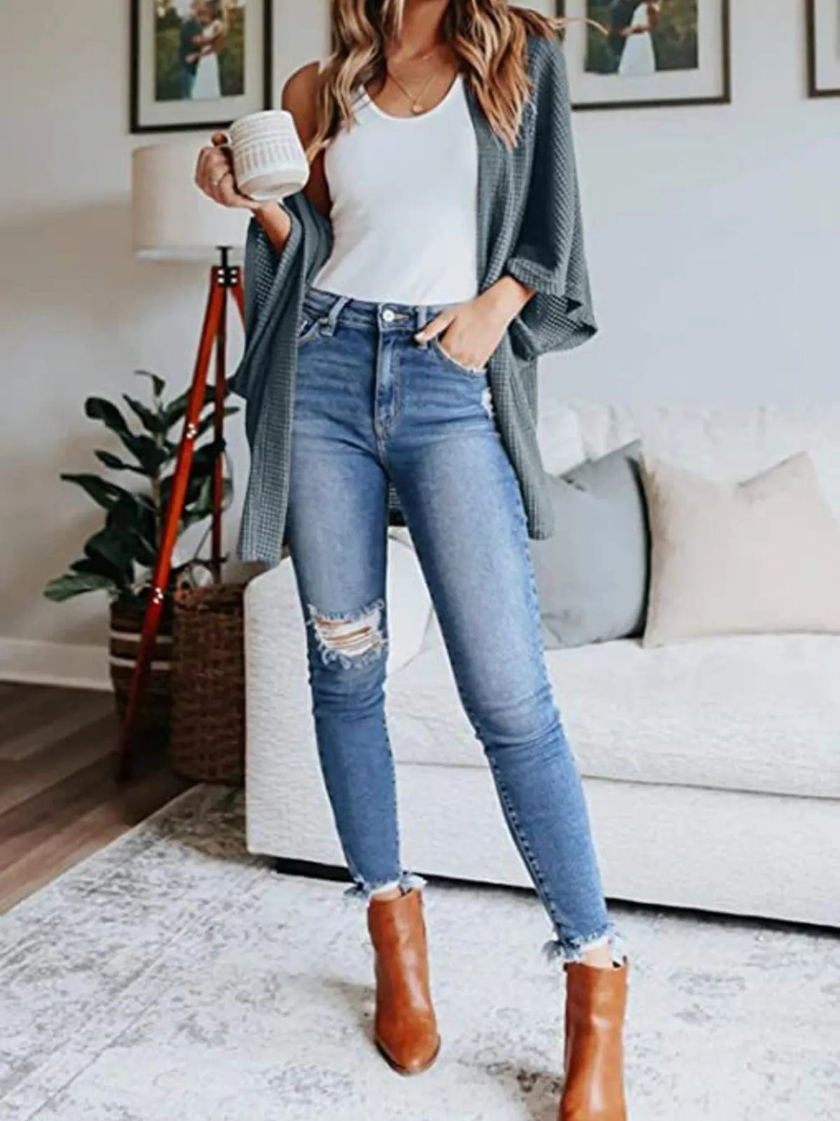 Full Size Open Front Waffle Knit Cardigan Plus (20)