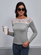 Lace Trim Long Sleeve Round Neck Tee (8)