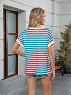 Striped Round Neck Short Sleeve T-shirt (26)
