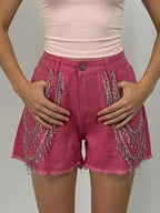Rhinestone Chain Raw Hem Denim Shorts (9)
