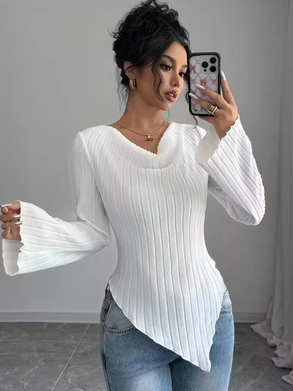 Cowl Neck Ribbed Knit T-shirt (4)