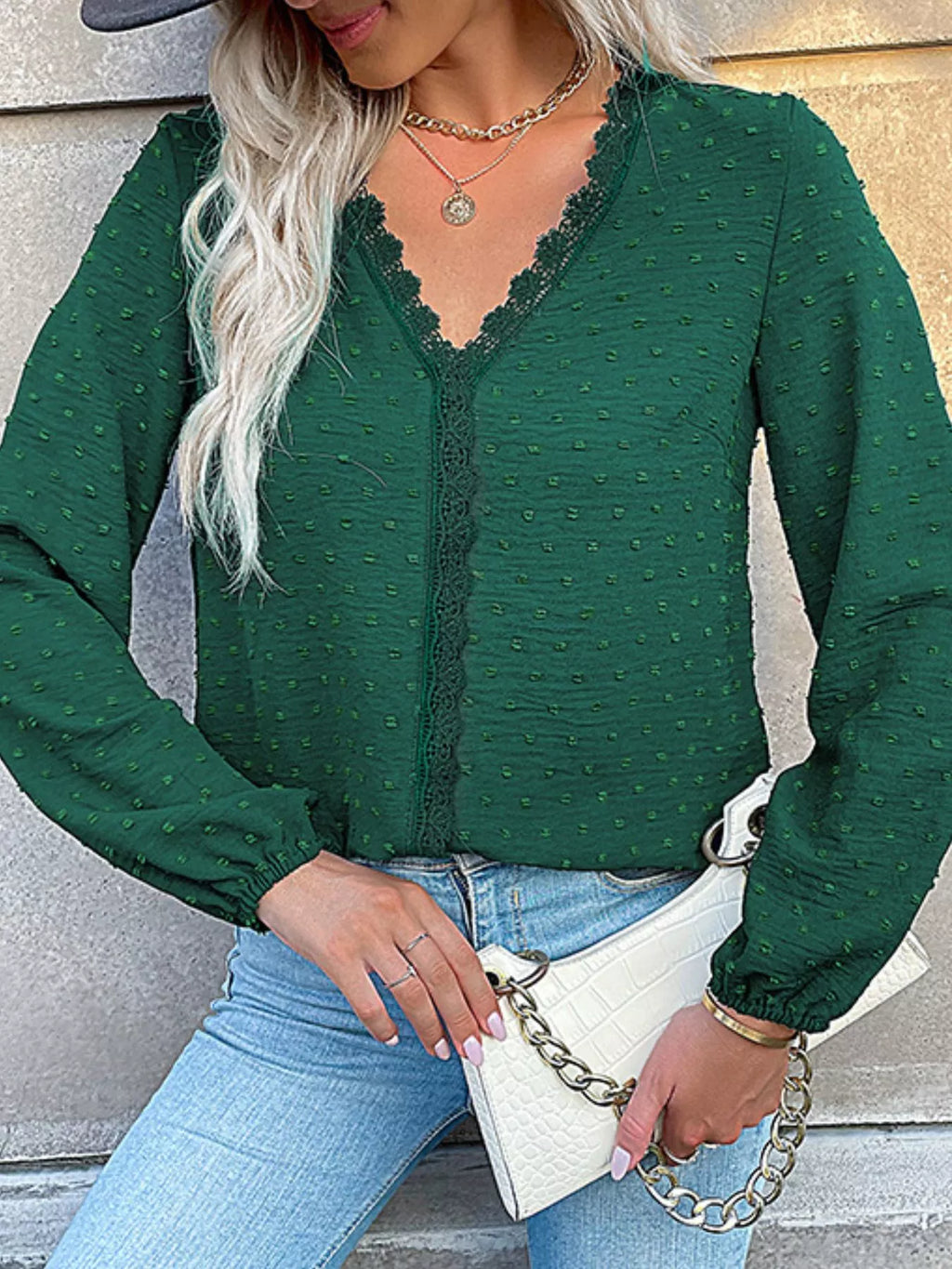 Lace Detail V-neck Long Sleeve Blouse (4)