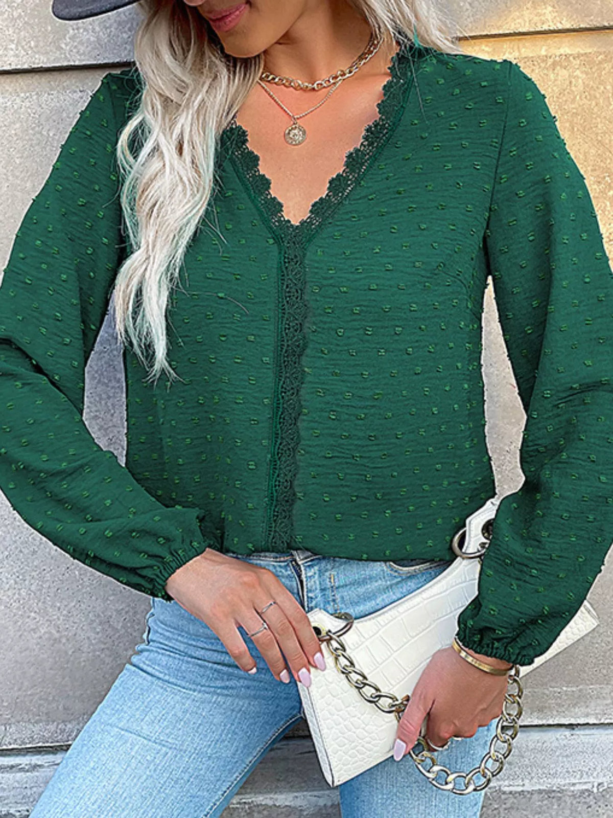 Lace Detail V-neck Long Sleeve Blouse (4)