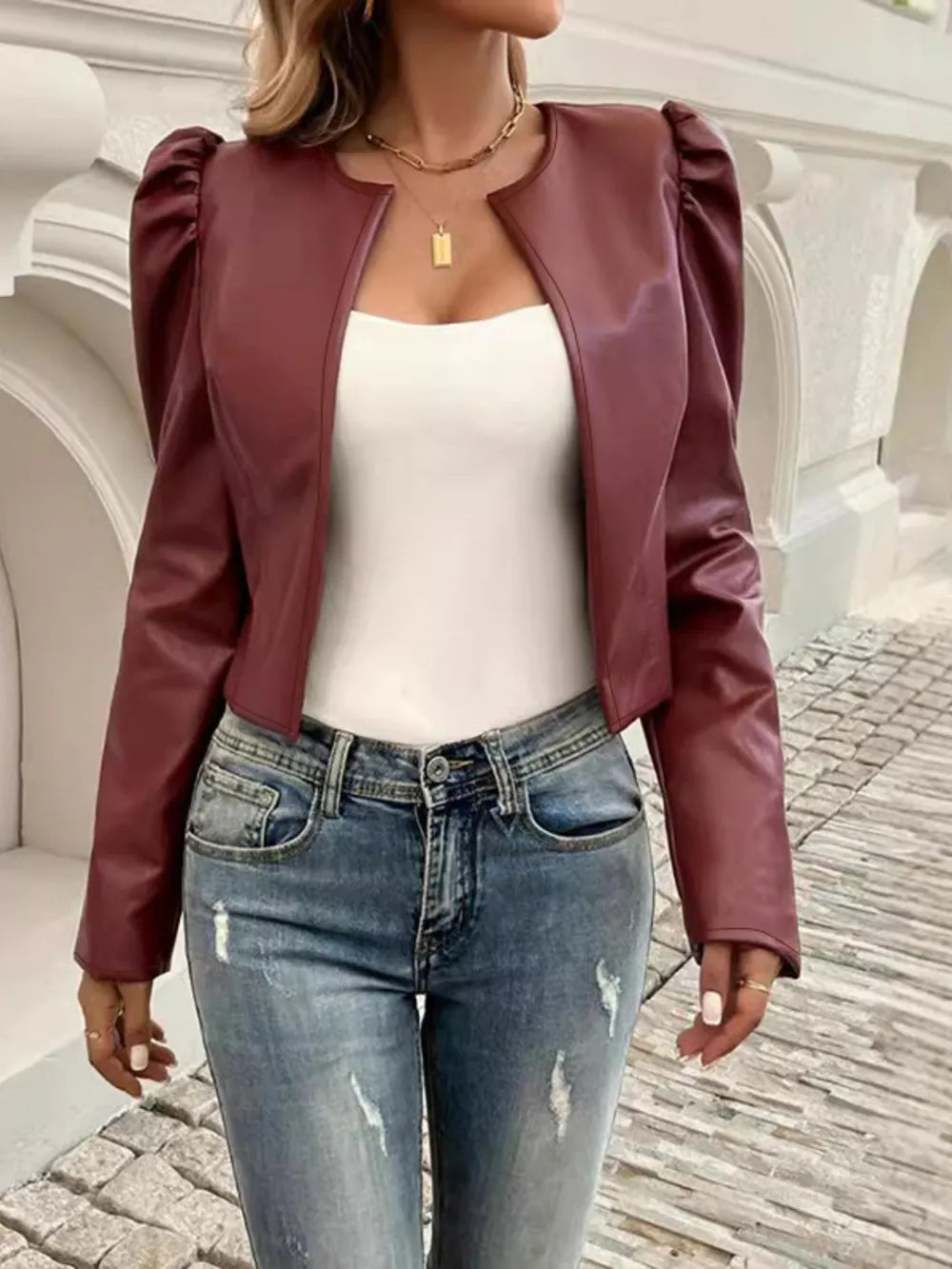 Pu Leather Open Front Puff Sleeve Jacket (9)