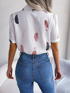 Feather Print Lapel Collar Puff Sleeve Shirt (2)