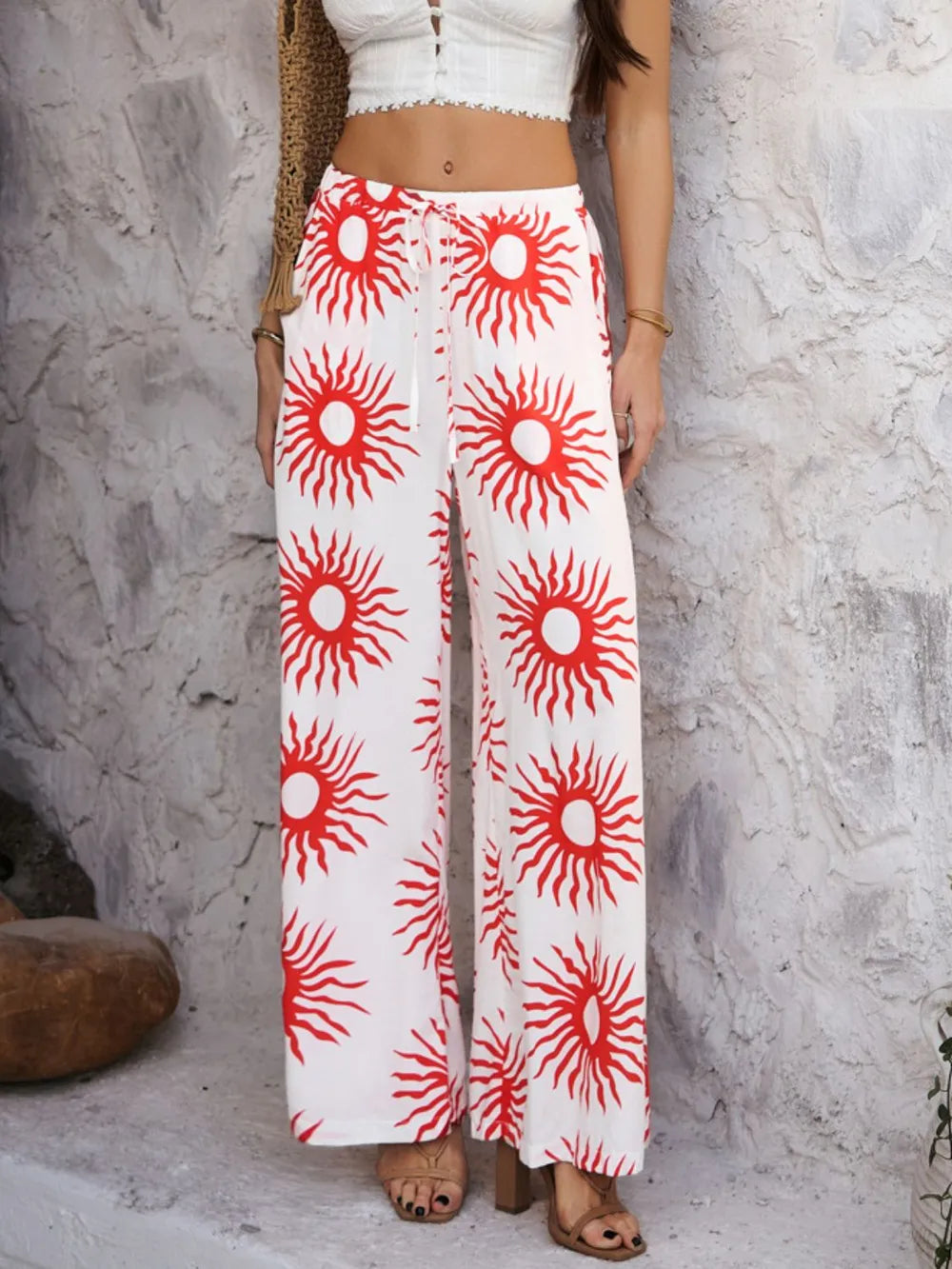 Drawstring Printed Wide Leg Pants (24)