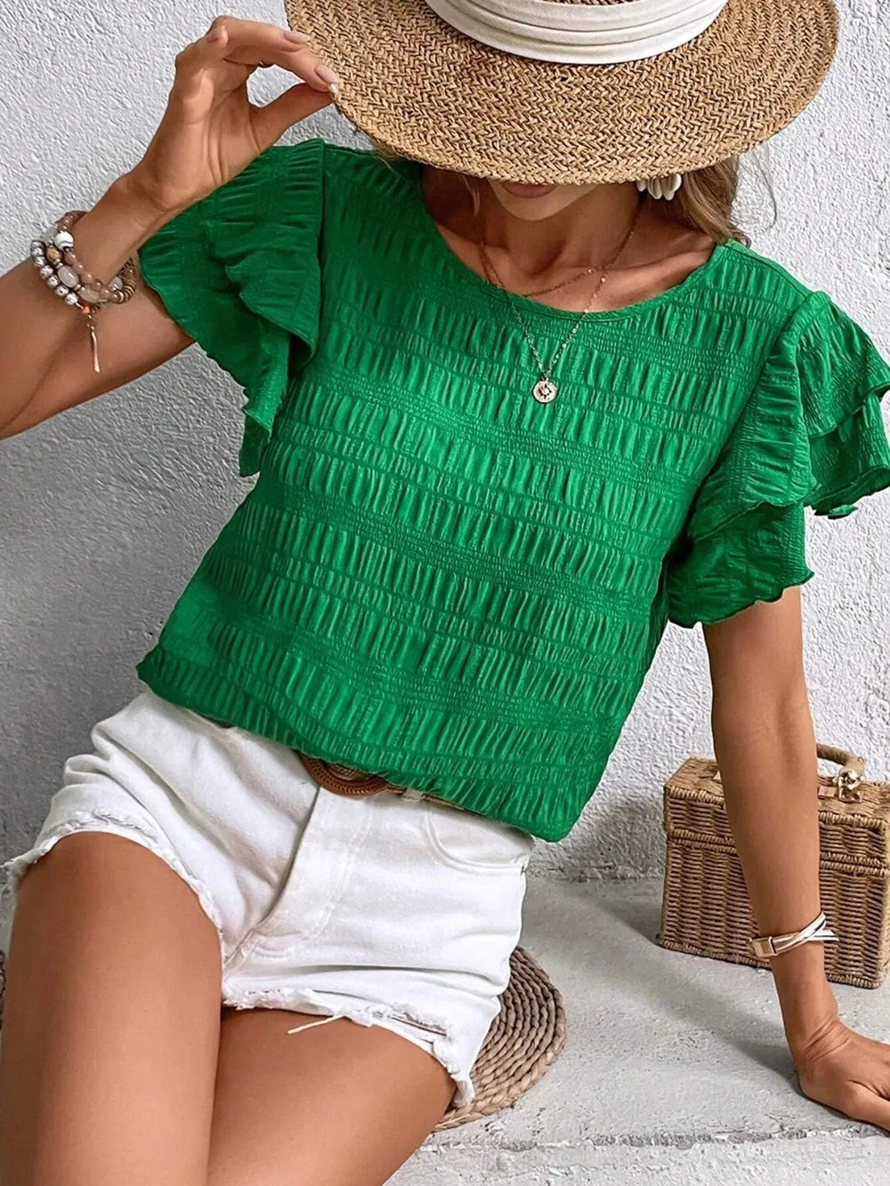 Round Neck Flounce Sleeve Blouse (4)