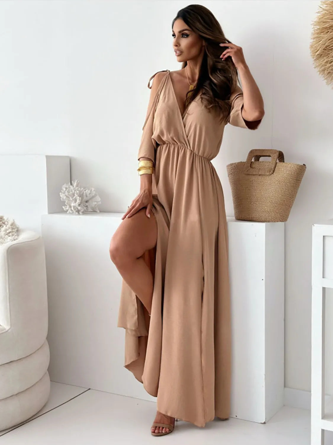 Tied Shoulder Slit Maxi Dress (11)
