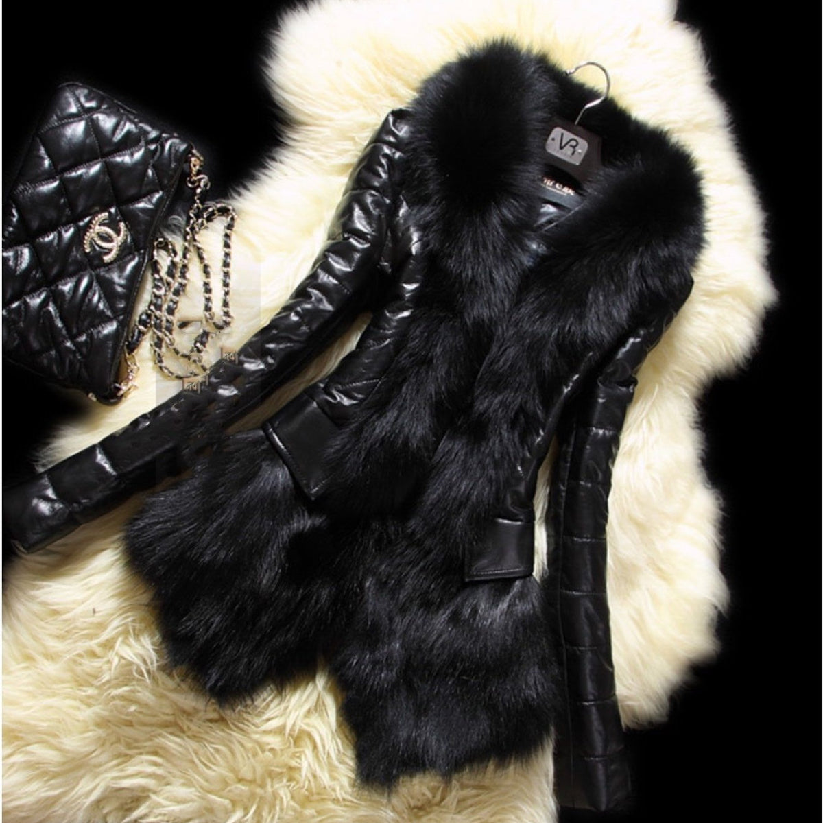 Faux Fur Large Fur Collar Leather Jacket photo 3