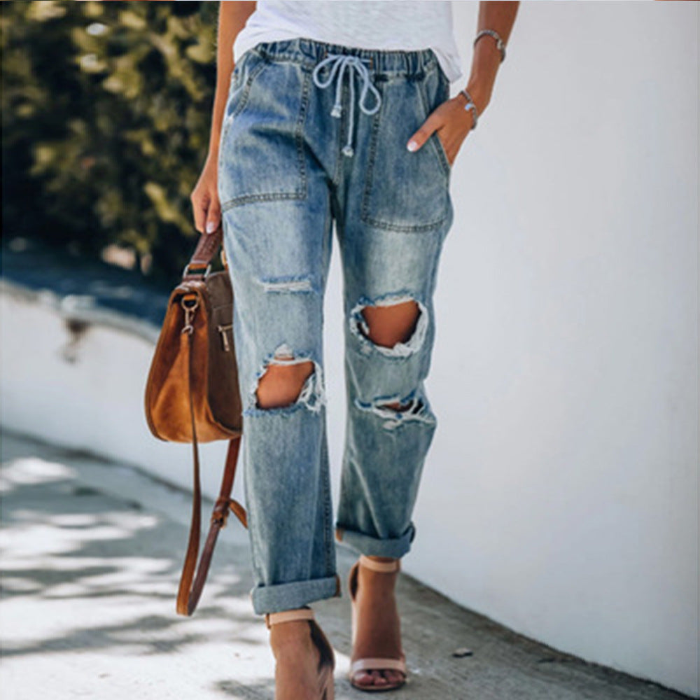 Ripped Lace-up White Trouser Jeans variant CJNSXZNZ01293-Blue-XXL|CJNSXZNZ01293-Blue-L|CJNSXZNZ01293-Blue-3XL|CJNSXZNZ01293-Blue-S|CJNSXZNZ01293-Blue-M|CJNSXZNZ01293-Blue-XL